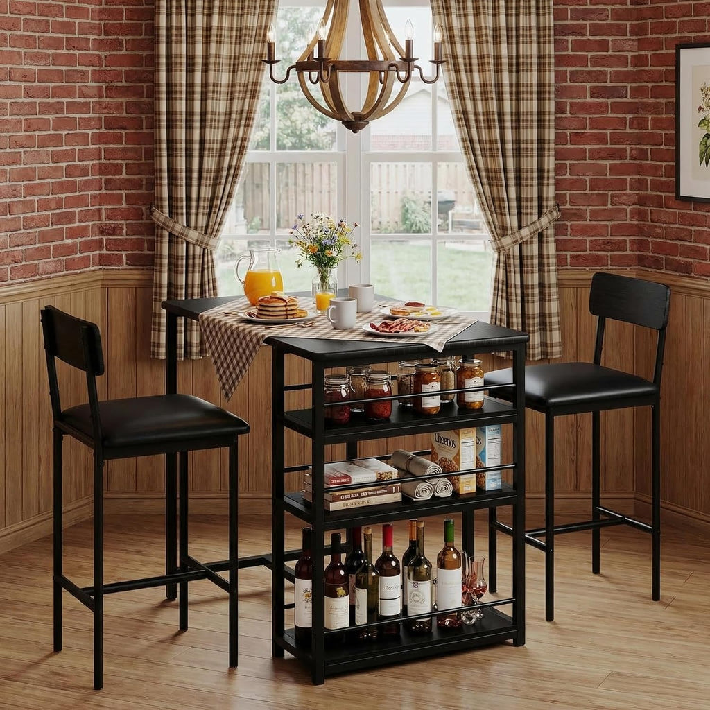 GarveeHome Dining Table Set for 2, Counter Height Kitchen Table with 2 Upholstered Bar Stools, Dining Table and Chairs Set with Storage Shelves, for Small Space, Apartment, Studio, Retro Black