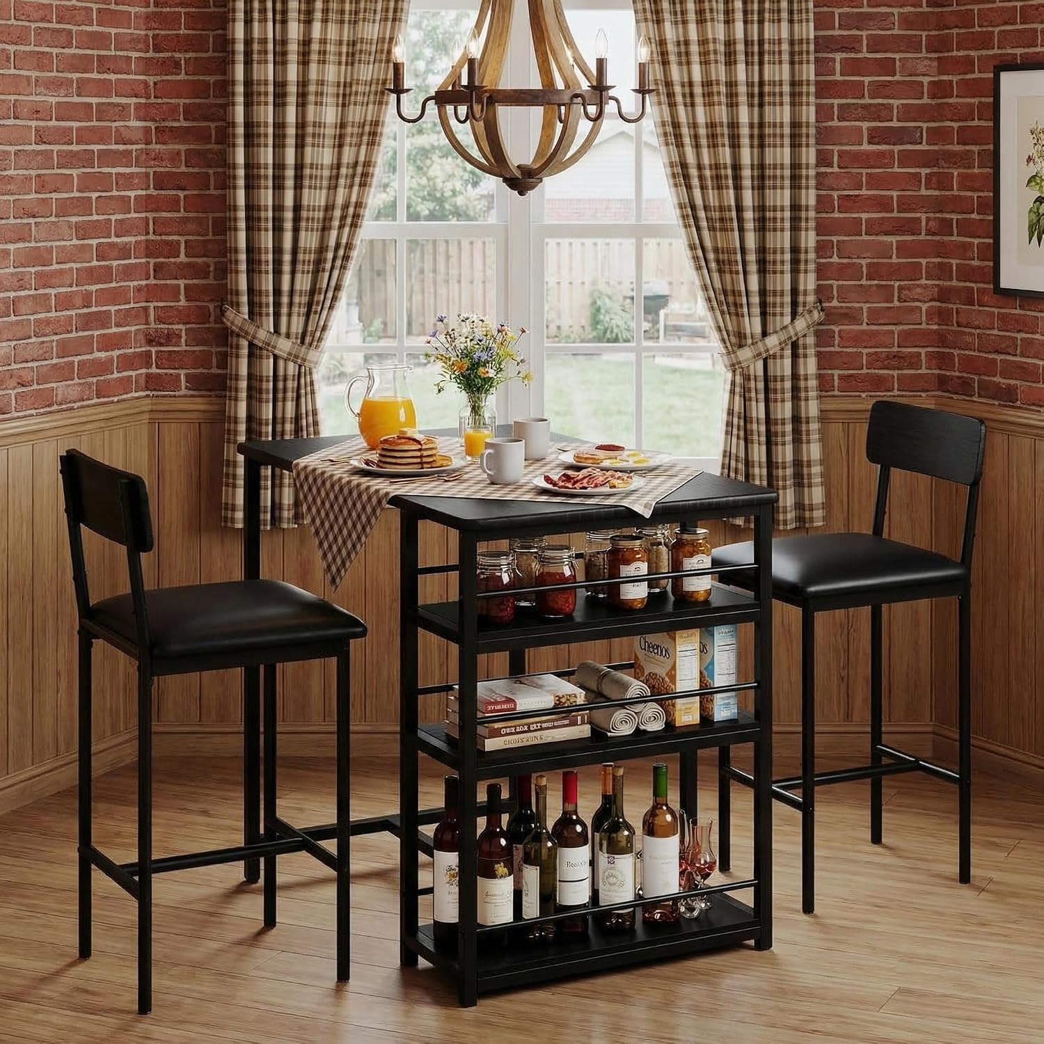 GarveeHome Dining Table Set for 2, Counter Height Kitchen Table with 2 Upholstered Bar Stools, Dining Table and Chairs Set with Storage Shelves, for Small Space, Apartment, Studio, Retro Black