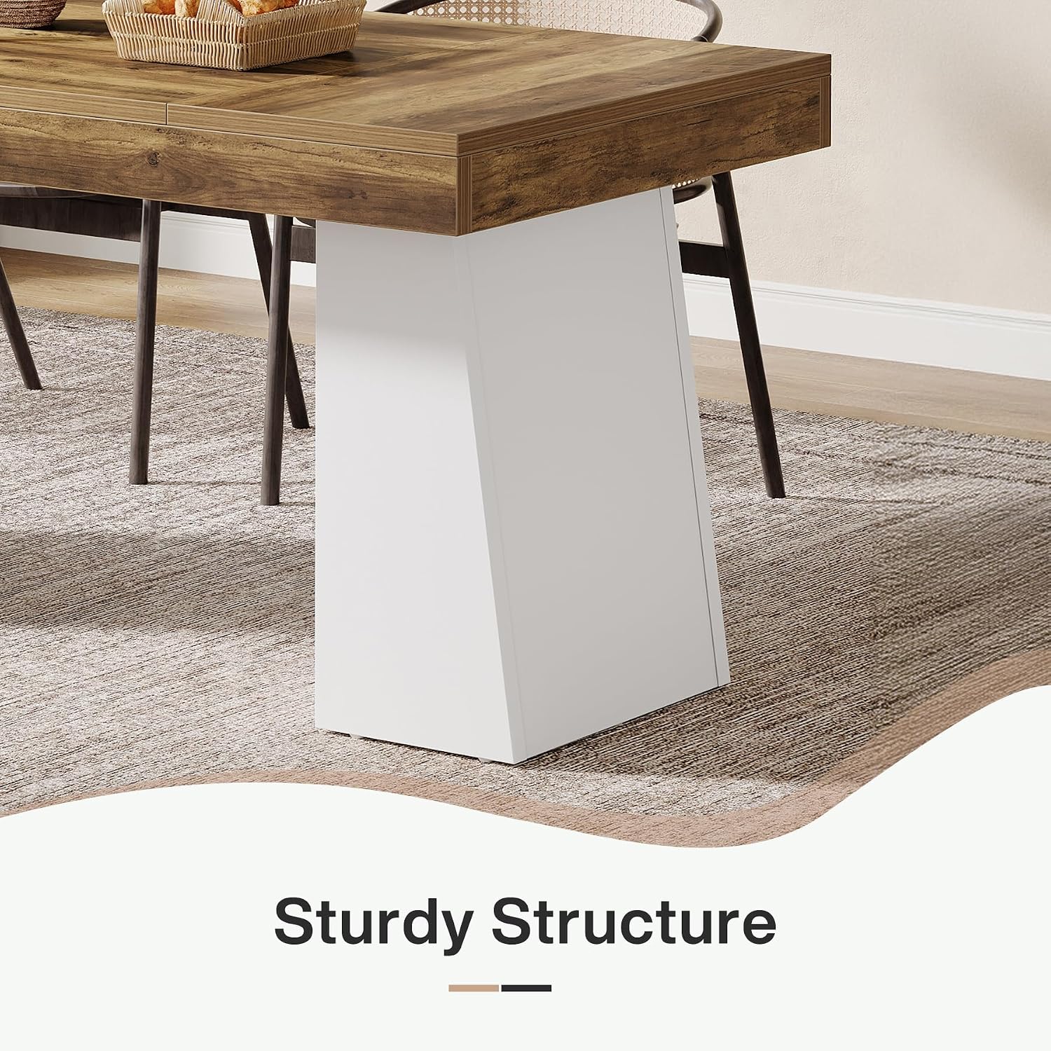 Tribesigns 55-Inch Dining Room Table for 4, Mid-Century Modern Dining Table with Double Pedstral, Rectangular Wood Kitchen Dinner Tables for Dining Room, Kitchen, Home, White & Brown(Only Table)