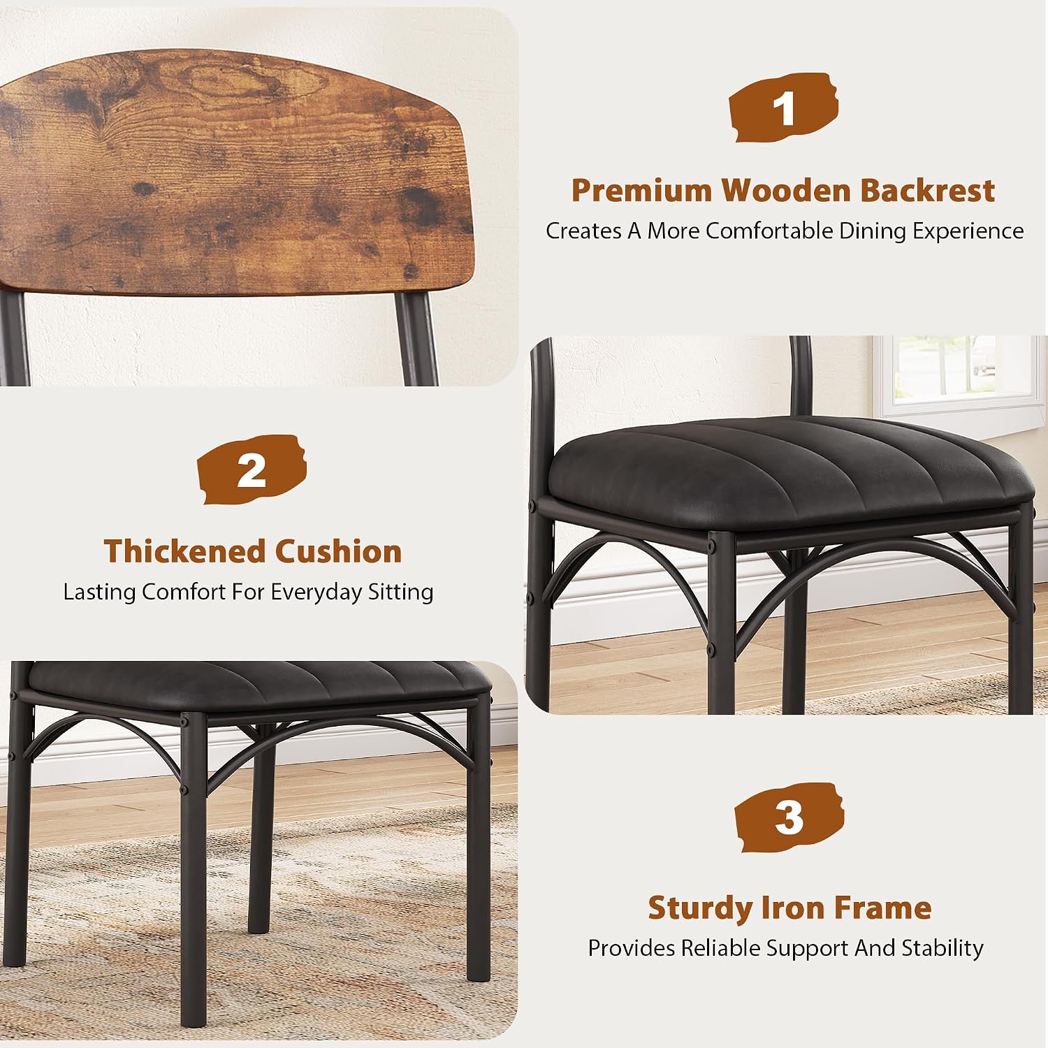 Jocoevol Dining Chairs Set of 4 - Upholstered Dining Room Chairs with PU Leather, Industrial Kitchen Chairs with Wooden Backrest and Thickened Metal Legs, for Dining Room, Living Room (Vintage)
