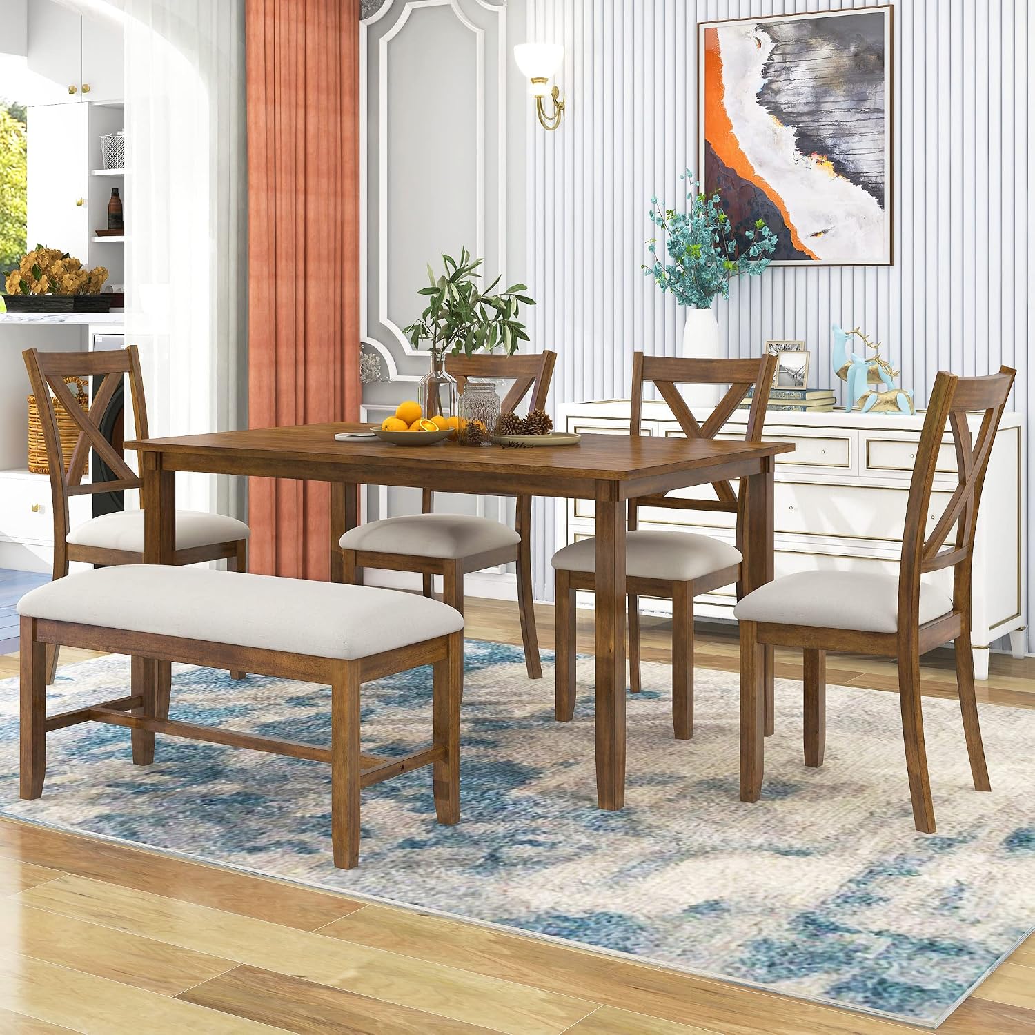 Merax Solid Wood Dining Table Set with Bench for 6, 6 Piece Rectangular Kitchen Table Set with 4 Upholstered Chairs and Bench for Room Dining Room - Natural Cherry+Beige