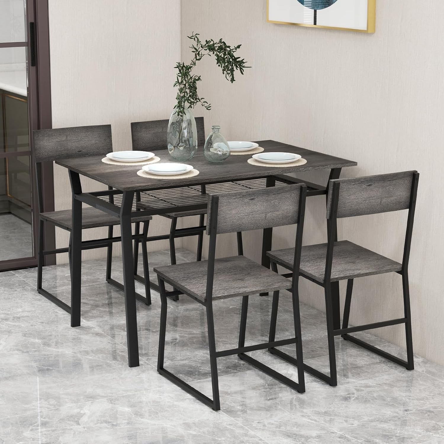 Giantex Dining Table Set for 4, 47'L x 28'W Rectangular Kitchen Table w/ 4 Trapezoid Chairs, Reinforced Metal Frame & Storage Rack, Industrial Space-Saving Dinette Set for Kitchen Dining Room (Grey)