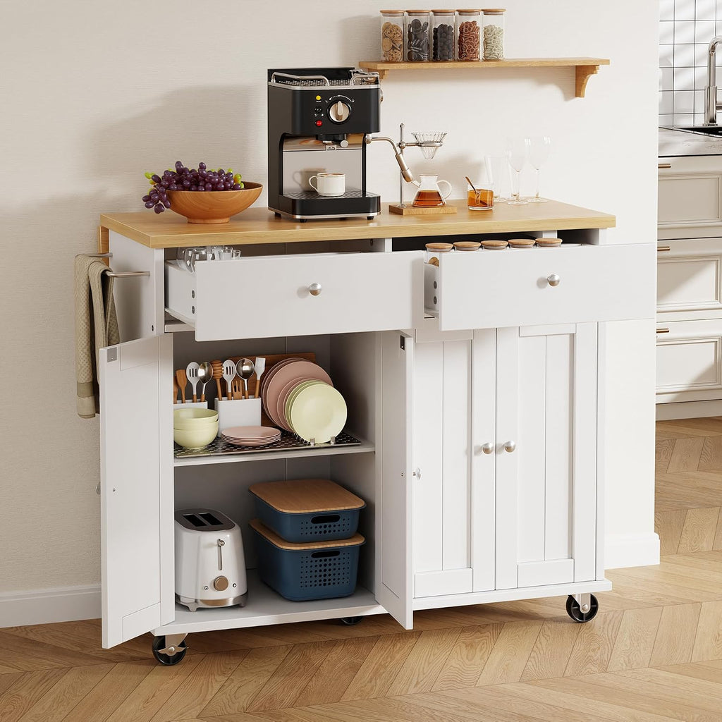 Shintenchi Kitchen Island with Drop Leaf, Rolling Kitchen Cart with Storage on Wheels, Table Bar Cart for Kitchen with Towel Rack & Seating Area for Dining Room, White