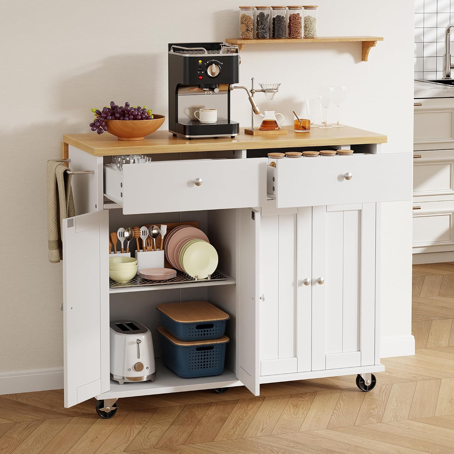 Shintenchi Kitchen Island with Drop Leaf, Rolling Kitchen Cart with Storage on Wheels, Table Bar Cart for Kitchen with Towel Rack & Seating Area for Dining Room, White