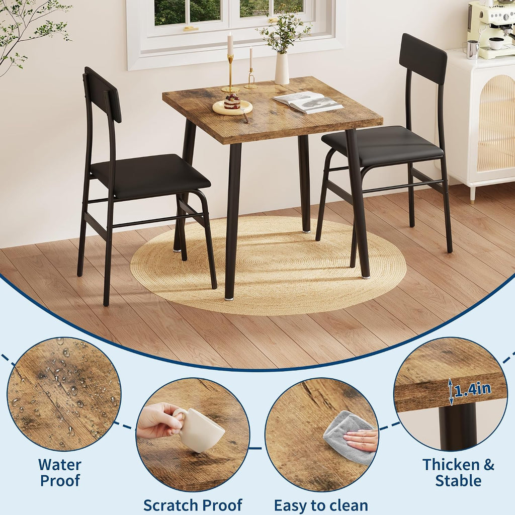 IDEALHOUSE Small Dining Table Set for 2, 3 Piece Kitchen Table Set with 2 Upholstered Chairs, Breakfast Table for Samll Space, Dining Room, Apartment, Restaurant, Rustic Brown