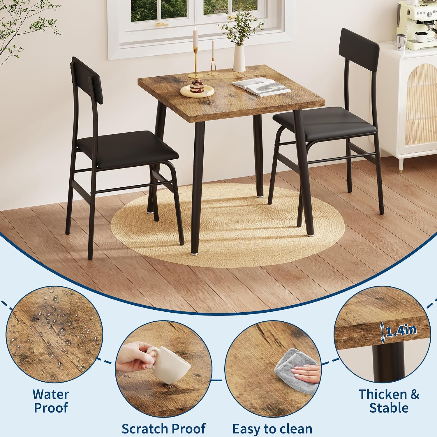 IDEALHOUSE Small Dining Table Set for 2, 3 Piece Kitchen Table Set with 2 Upholstered Chairs, Breakfast Table for Samll Space, Dining Room, Apartment, Restaurant, Rustic Brown