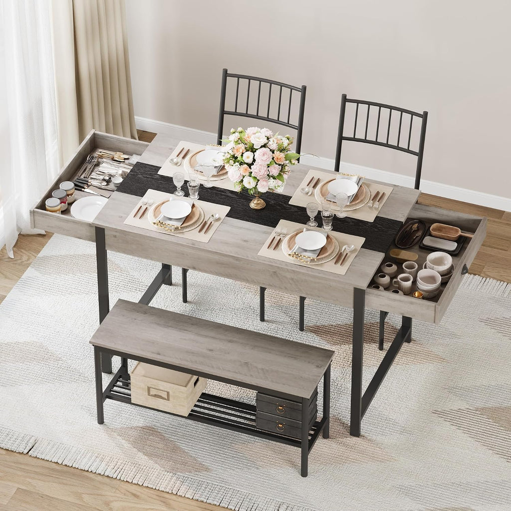 GarveeHome Dining Table Set for 4, Small Kitchen Table and 2 Chairs for 4 with Bench, Space Saving Kitchen Table Set with Storage Rack & Drawers, Breakfast Nook Rectangular Farmhouse Table Set, Grey