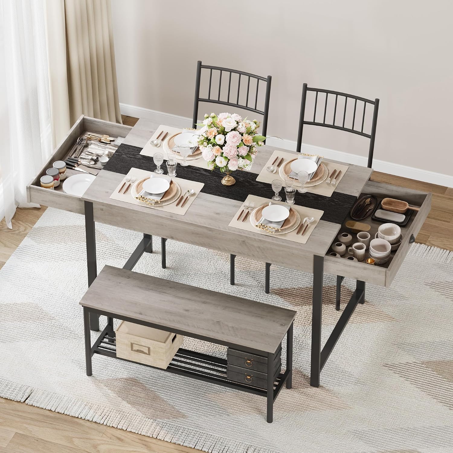 GarveeHome Dining Table Set for 4, Small Kitchen Table and 2 Chairs for 4 with Bench, Space Saving Kitchen Table Set with Storage Rack & Drawers, Breakfast Nook Rectangular Farmhouse Table Set, Grey