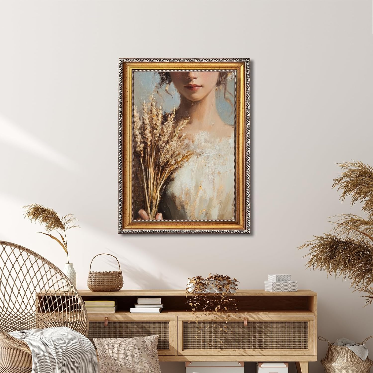Large Framed Victorian Girl Portrait Painting Vintage Woman Holding Wheat Canvas Wall Art Print Classic European Farm Aesthetic Poster Rustic Romantic Picture Decor for Bedroom Living Room 24x36inch