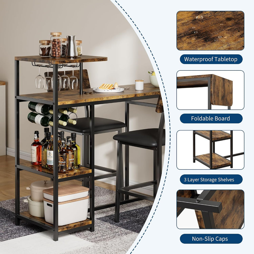 Garvee Dining Table Set for 2, 3-Piece Expandable Bar Table and Chairs Set, with Storage Shelves and Wine Rack, Small Kitchen Dining Set for Living Room, Apartment