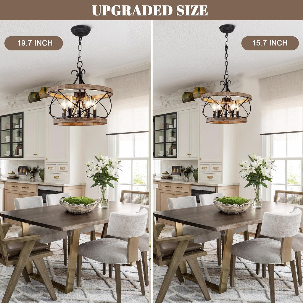 20' Farmhouse Chandelier, Rustic Drum Chandelier Light Fixture Over Table, 5-Light Pendent Light for Dining Room Vintage Wood Chandelier for Bedroom Hanging Lamp for Kitchen
