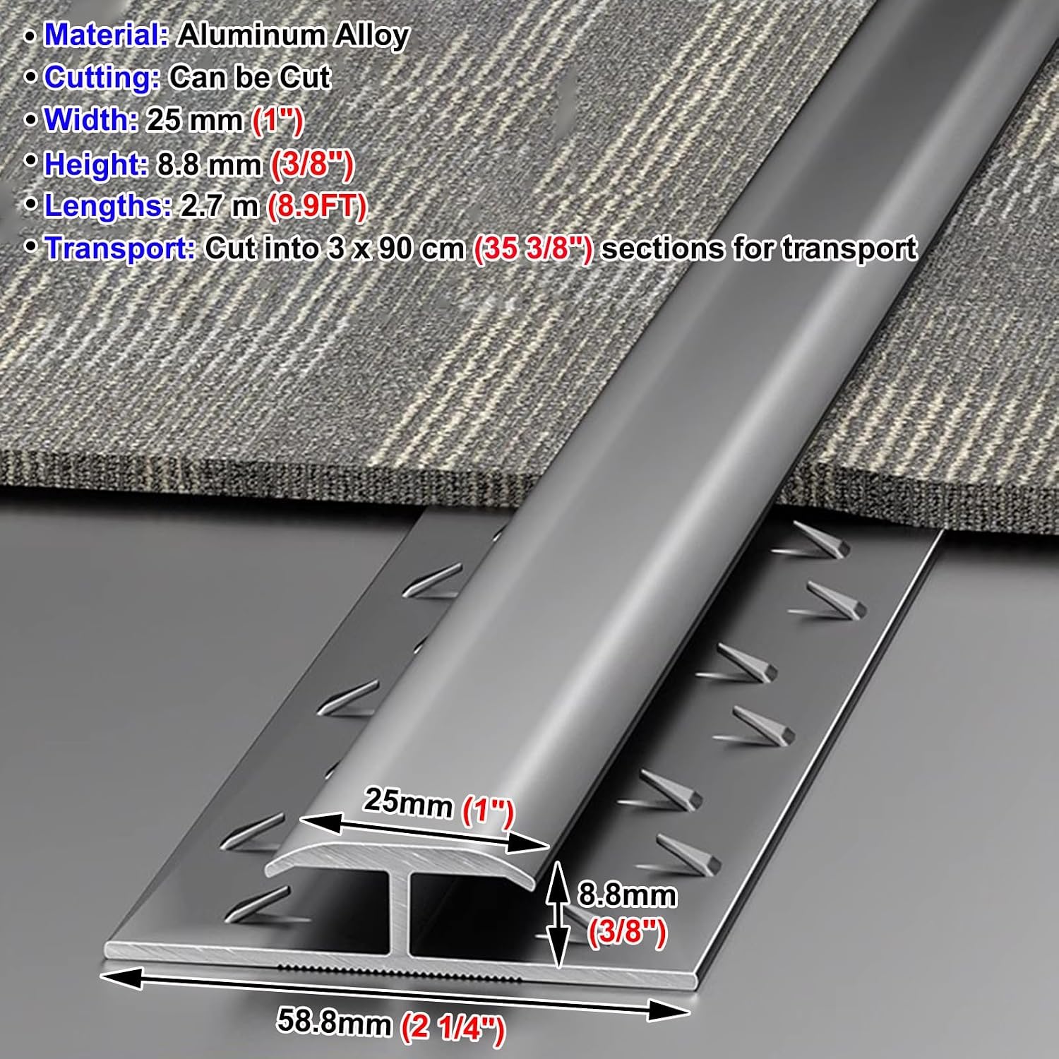 Floor Transition Strip Carpet Transition Tack Strip for Thresholds Edge Trim, Teeth Molding Thresholds Flap Bar for Doorways, Decorative Transitions Ramps Trim for Exterior(Gray)