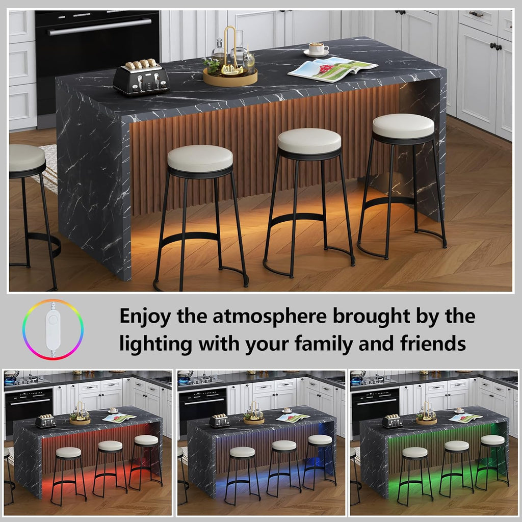 71' Large Imitation Marble Dining Table for 4-6 People, Island Table with LED Lights, Mordern Marble Stripes Kitchen Dining Table with Grille design for Dining Room, Home, Living Room (black)