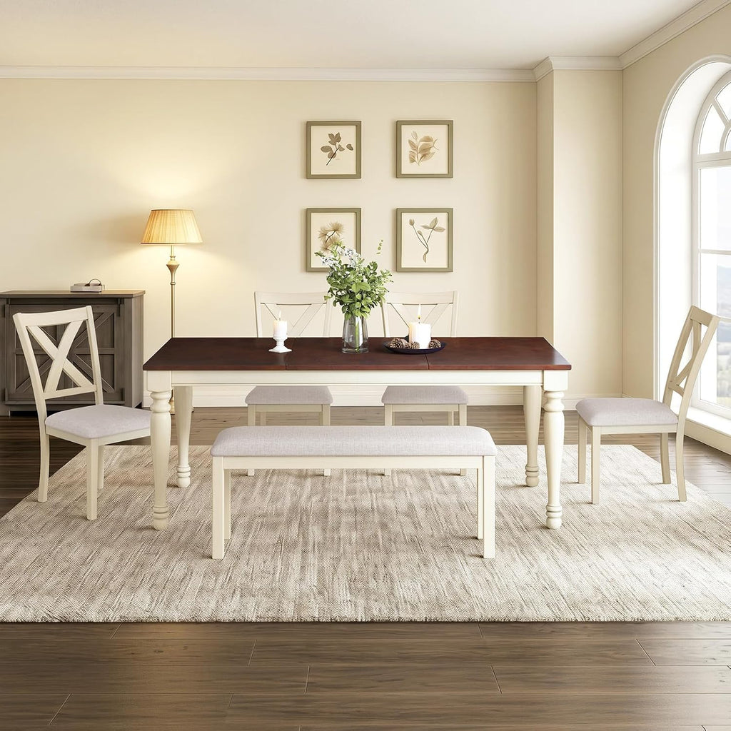 LUXOAK 6-Piece Solid Wood Dining Table Set, 71' Farmhouse Kitchen Table with 4 Upholstered Chairs and Bench, Large Dining Room & Kitchen Furniture Set, Cream White