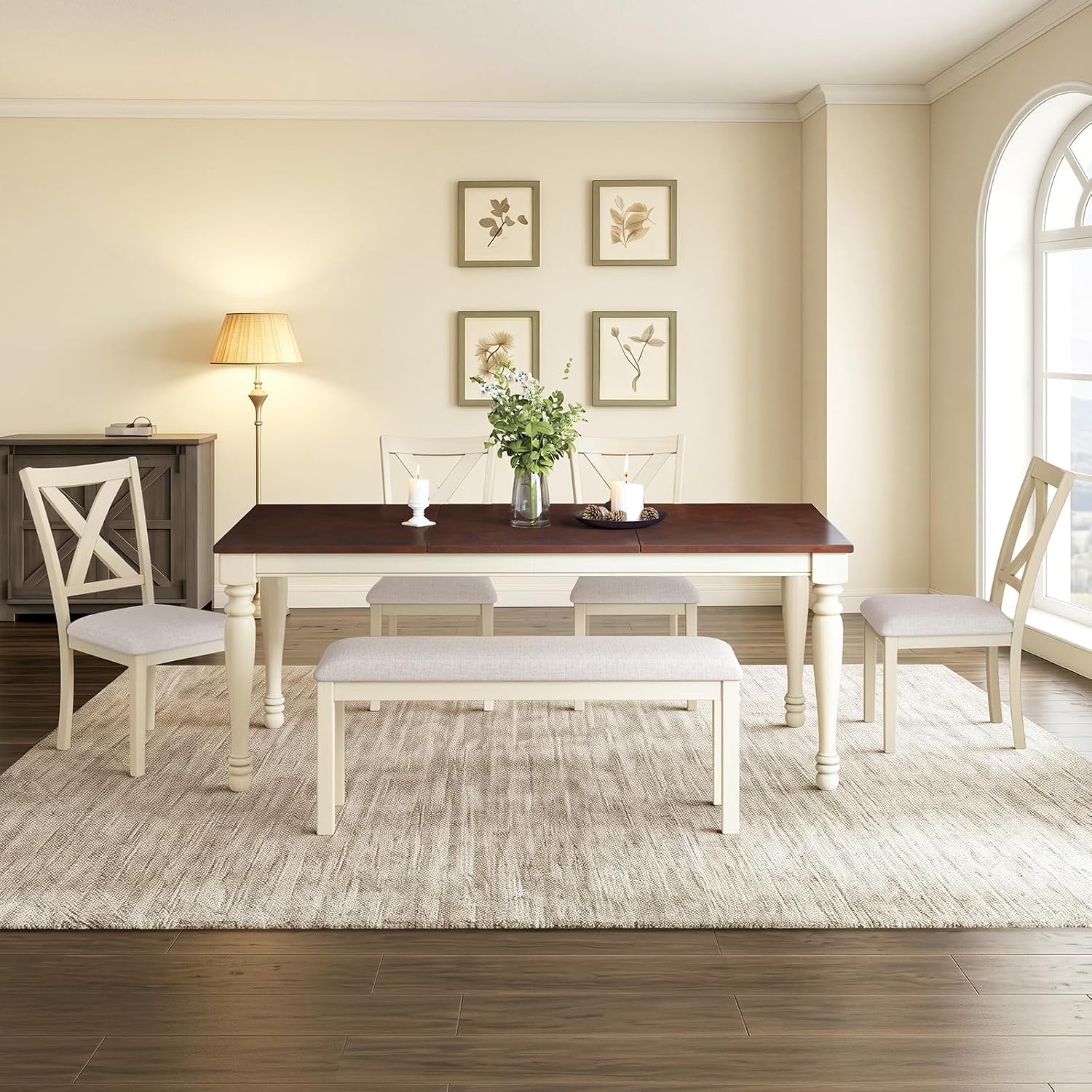 LUXOAK 6-Piece Solid Wood Dining Table Set, 71' Farmhouse Kitchen Table with 4 Upholstered Chairs and Bench, Large Dining Room & Kitchen Furniture Set, Cream White