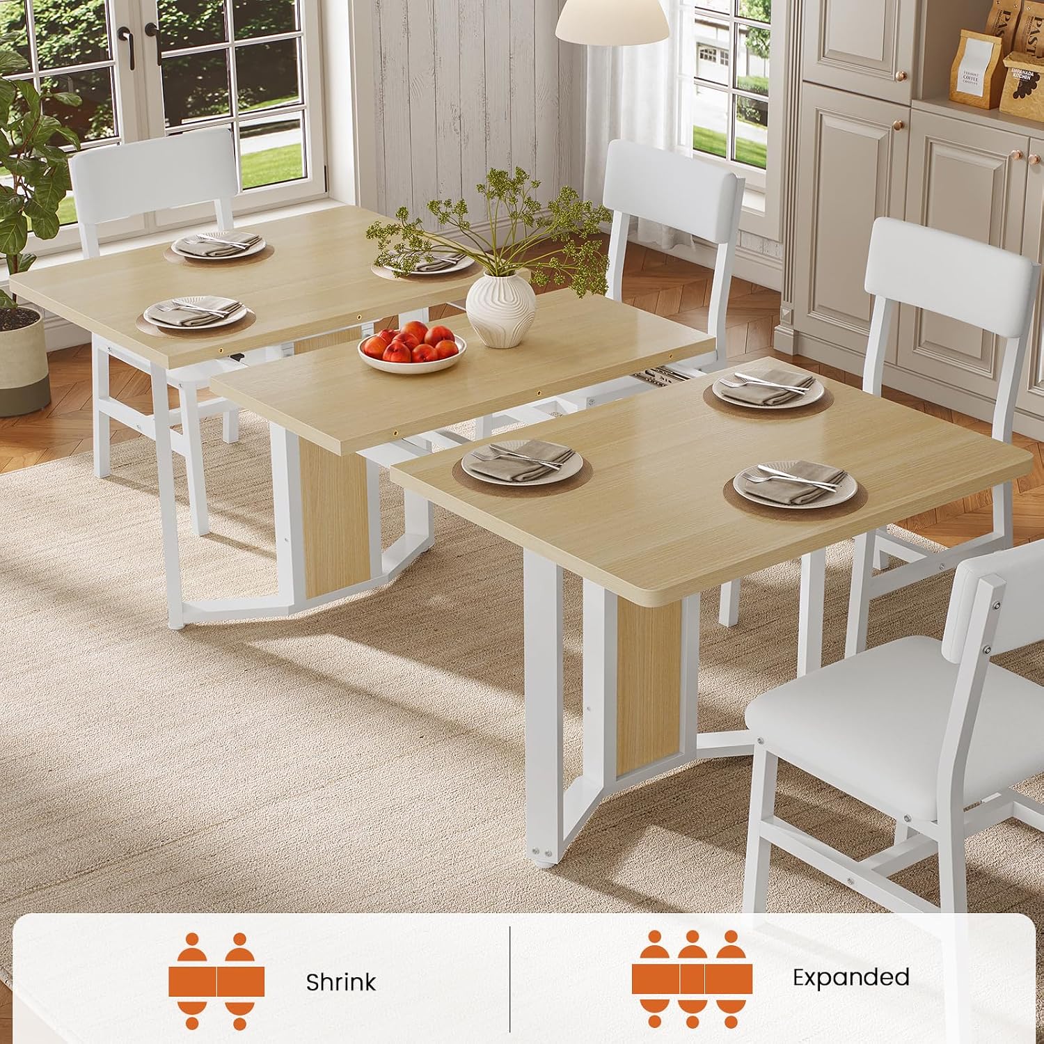 Itaar 5-Piece Dining Table Set for 4-6 People, 63' Extendable Kitchen Table and 4 Cushion Chairs, Dining Room Table with MDF Board & Metal Frame for Small Space, Easy Clean, Natural