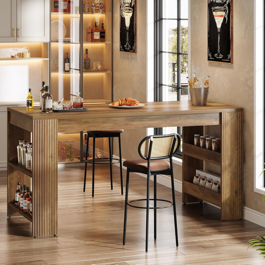 Tribesigns 63-Inch Bar Table, Farmhouse Counter Height Pub Table with Storage Shelves, High Top Bar Unit for Kitchen, Dining Room, Bistro, Brown Rustic