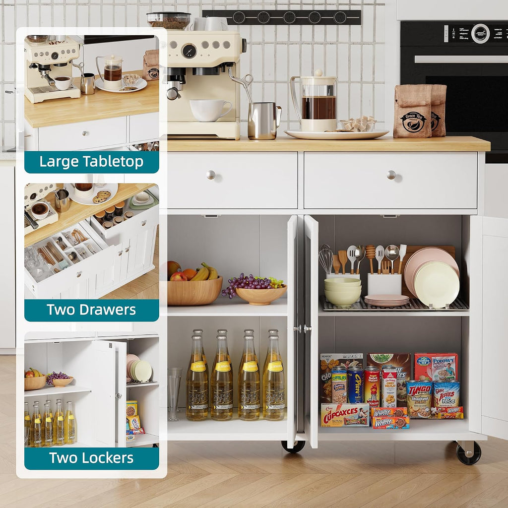 Shintenchi Kitchen Island with Drop Leaf, Rolling Kitchen Cart with Storage on Wheels, Table Bar Cart for Kitchen with Towel Rack & Seating Area for Dining Room, White