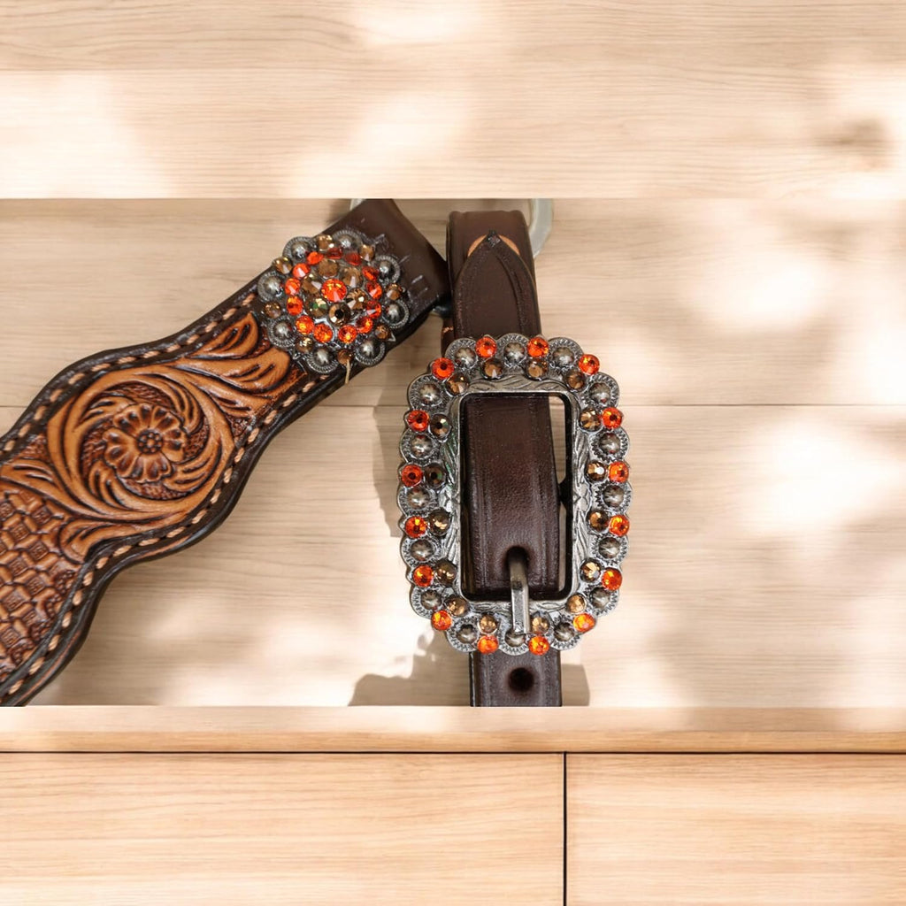 Spooky Western Leather Horse Tack Set - Hand Painted Halloween Pumpkin Headstall & Breast Collar with Floral Tooling, Rhinestones, and Window Carving