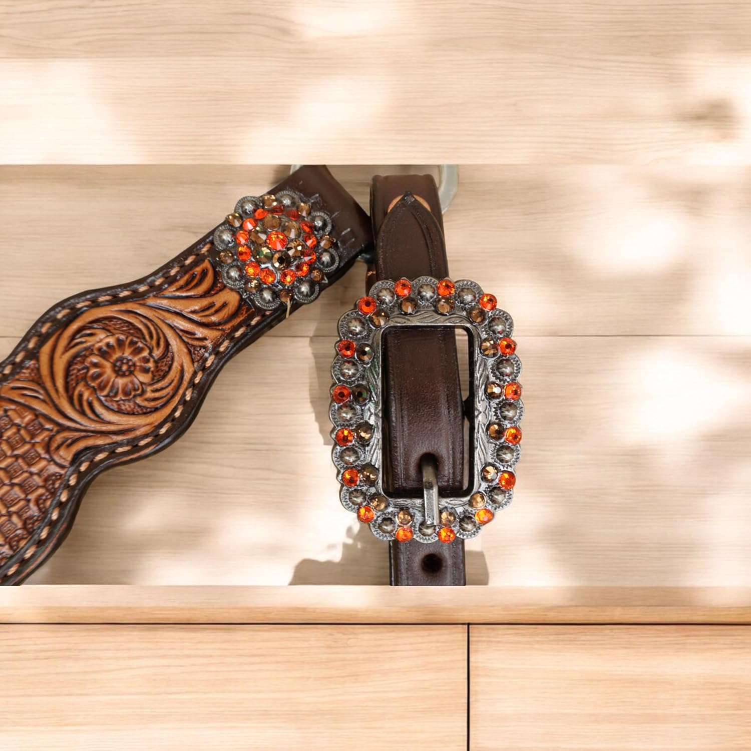 Spooky Western Leather Horse Tack Set - Hand Painted Halloween Pumpkin Headstall & Breast Collar with Floral Tooling, Rhinestones, and Window Carving