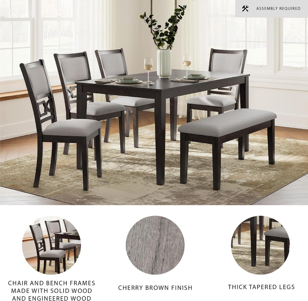 Signature Design by Ashley Langwest Dining Room Table Set, 4 Upholstered Chairs and Bench, Seats 6, Cushioned Seats, Wood, Cherry Brown
