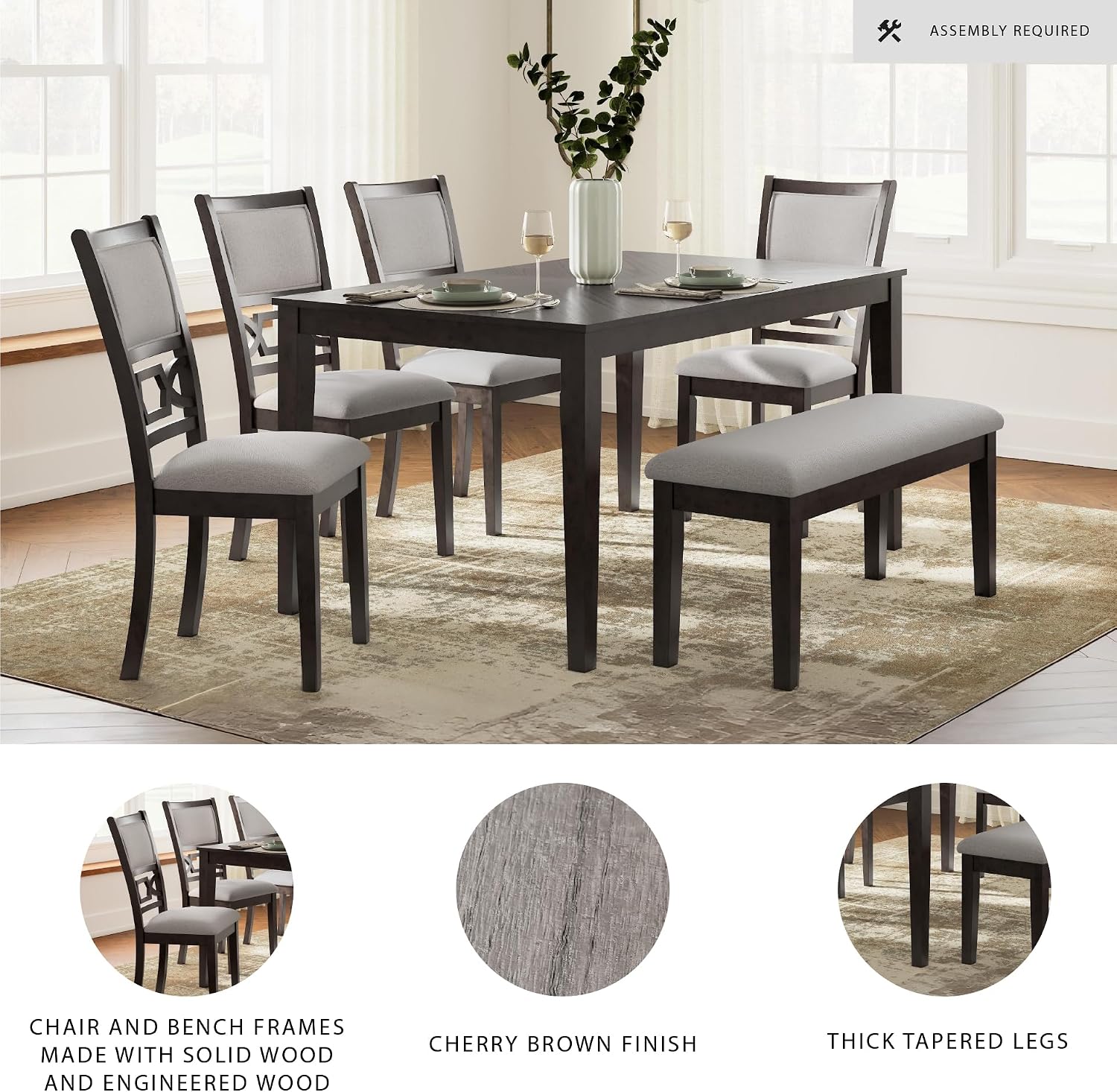 Signature Design by Ashley Langwest Dining Room Table Set, 4 Upholstered Chairs and Bench, Seats 6, Cushioned Seats, Wood, Cherry Brown