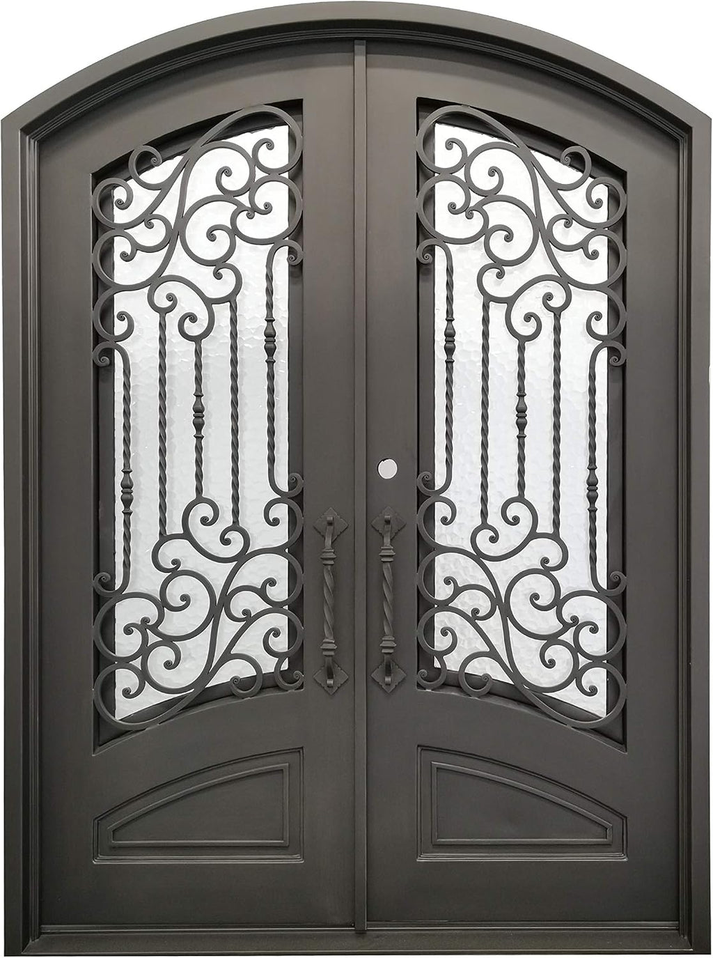 Archer Exterior Double Front Entry Door Wrought Iron with Operable Tempered Water Cube Glass Inside Swing Dark Bronze Finish (62 By 82 Right Hinge Active)