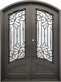 Archer Exterior Double Front Entry Door Wrought Iron with Operable Tempered Water Cube Glass Inside Swing Dark Bronze Finish (62 By 82 Right Hinge Active)