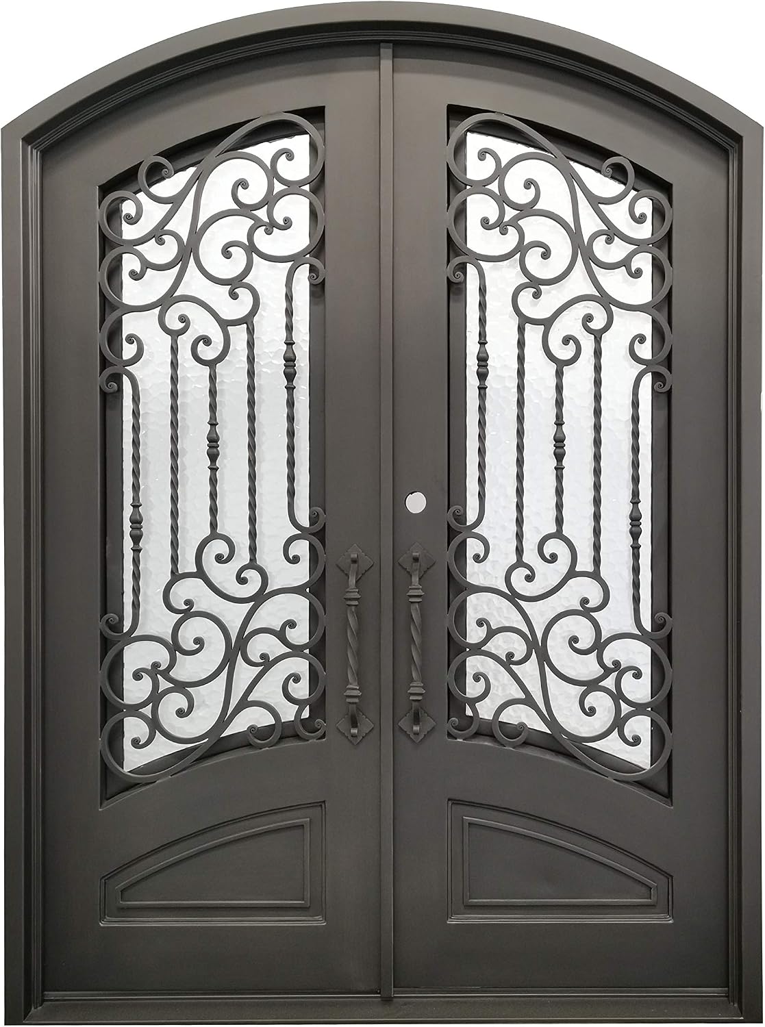 Archer Exterior Double Front Entry Door Wrought Iron with Operable Tempered Water Cube Glass Inside Swing Dark Bronze Finish (62 By 82 Right Hinge Active)