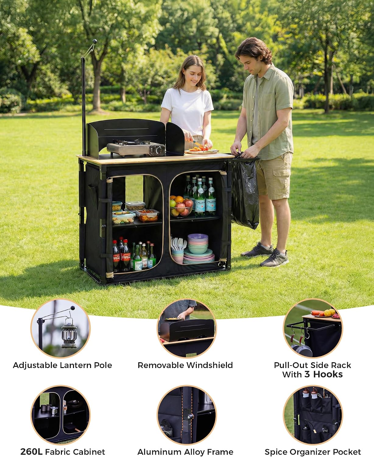 KingCamp Bamboo Camp Kitchen Station, Folding Overland Camping Kitchen Table Hooks Portable Outdoor Cooking with Adjustable Lantern Pole & Windshield Storage Organizer for Tailgating BBQ Picnic RV