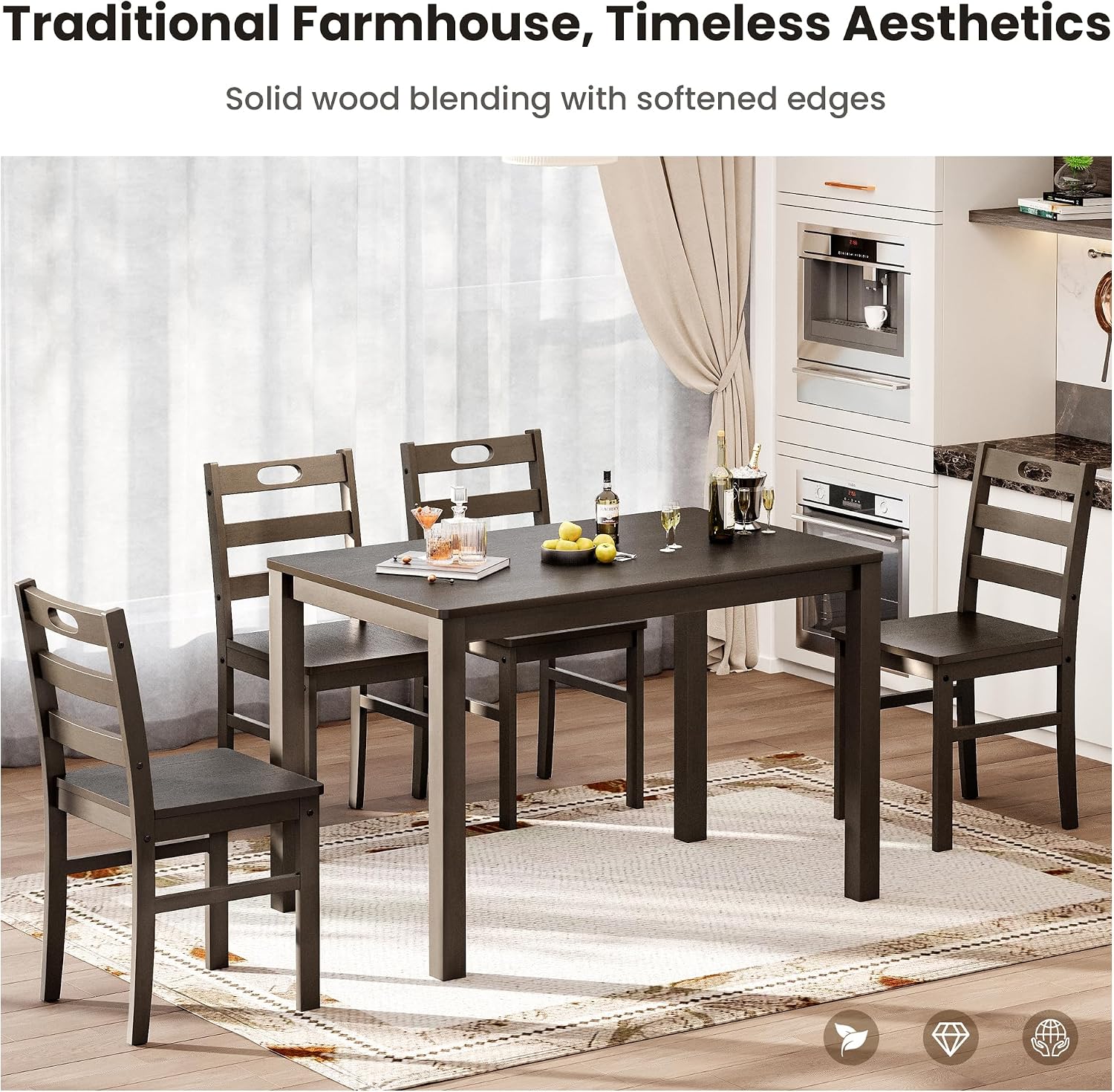 PHI VILLA Dining Table Set for 4, Solid Wood Farmhouse Kitchen Table Chairs Set of 4, 5 Piece Space-Saving Dining Room Table Set for Apartment, Dark Oak