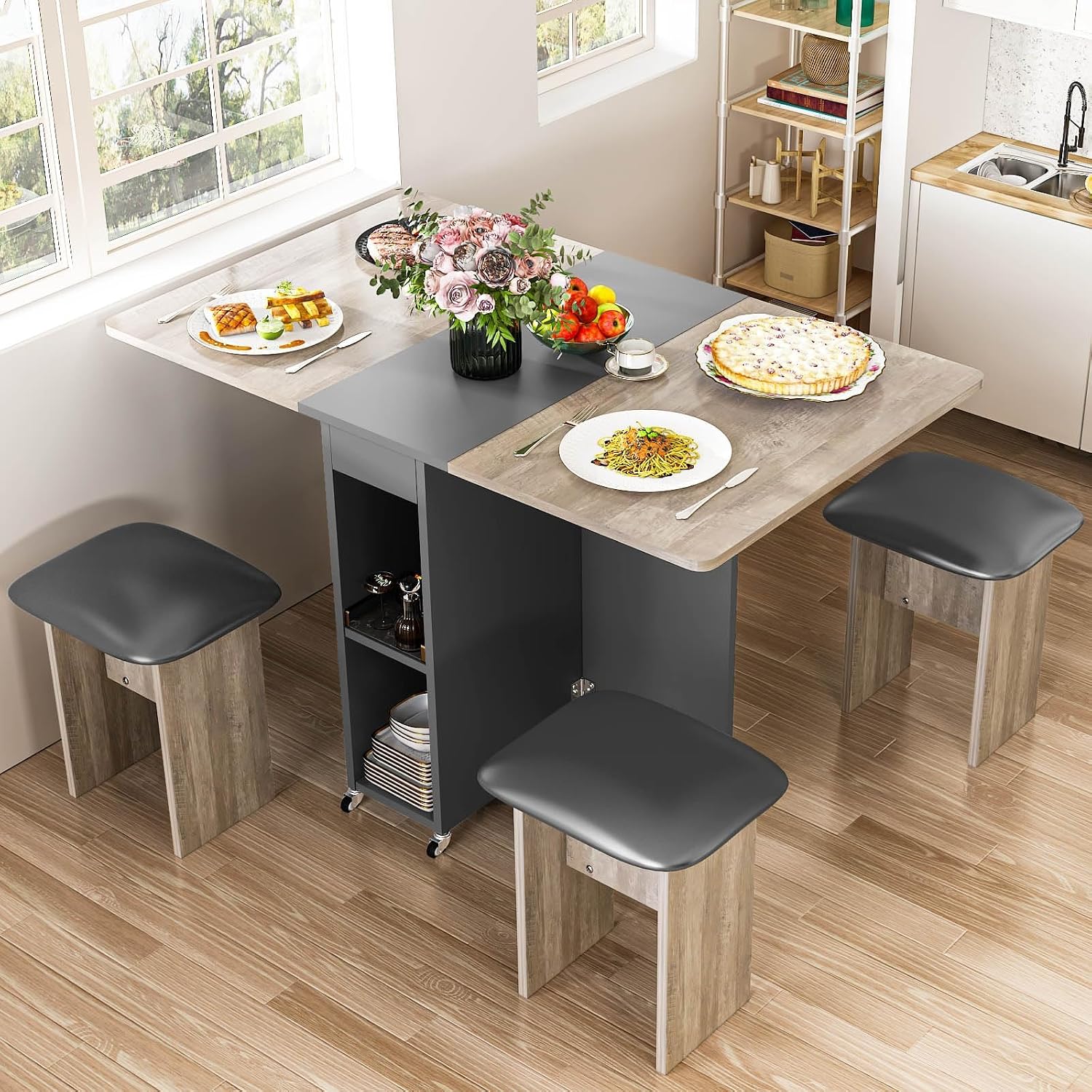 AWQM Foldable Dining Table Set for 4,Folding Dining Table with 4 Leather Chairs & Storage,Drop Leaf Dinner Table with 6 Wheels,Folding Kitchen Table and Chairs Set for Small Spaces,Grey