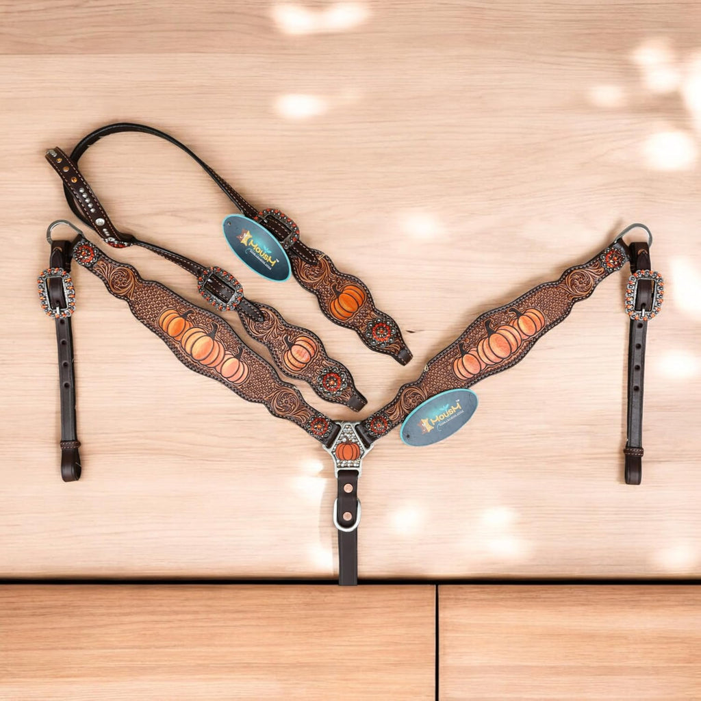 Spooky Western Leather Horse Tack Set - Hand Painted Halloween Pumpkin Headstall & Breast Collar with Floral Tooling, Rhinestones, and Window Carving