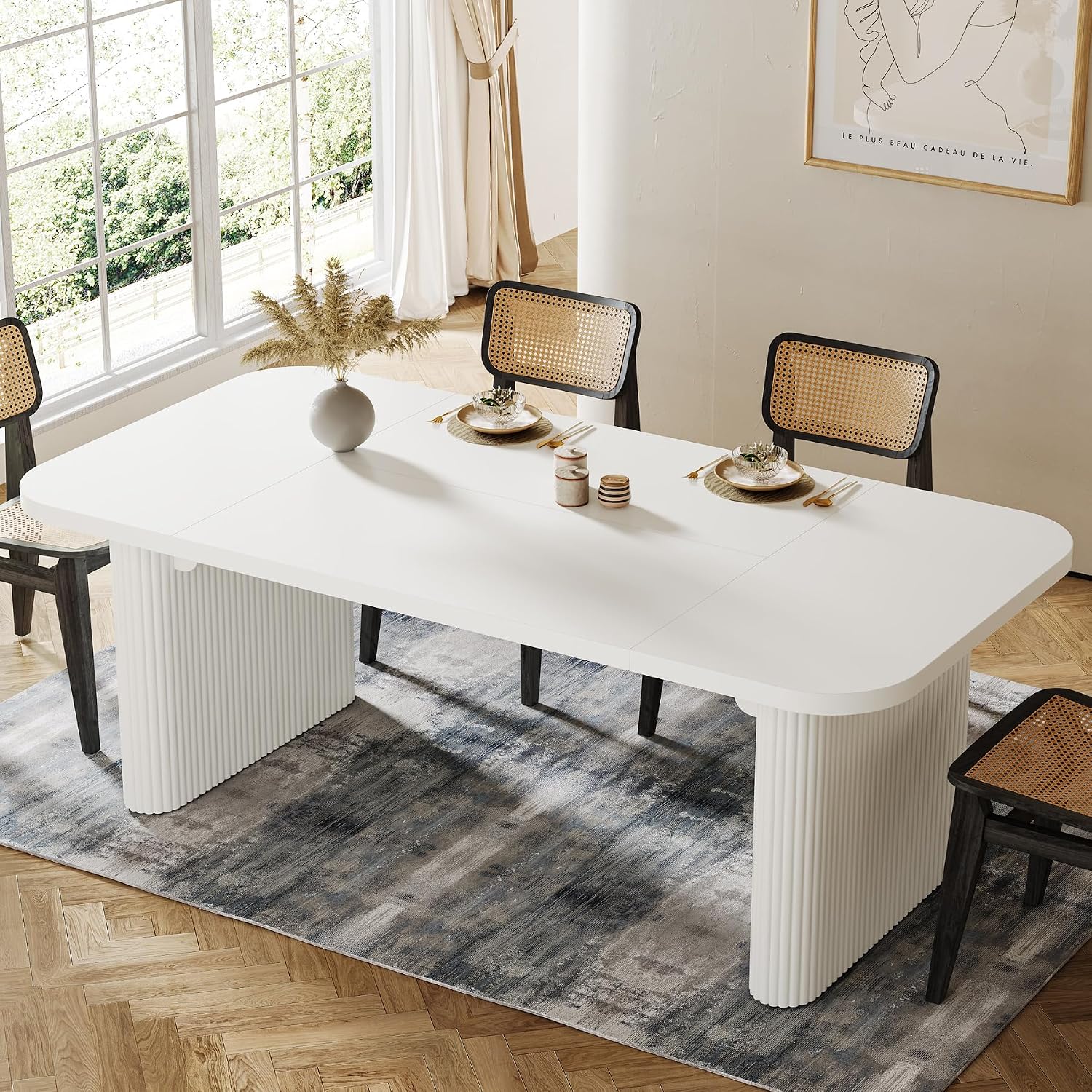Tribesigns Modern Dining Table for 6 People, 62-Inch Wood Kitchen Table with Double Robust Pedestal, Large Rectangle Wooden Dinner Table for Dining Room (White)