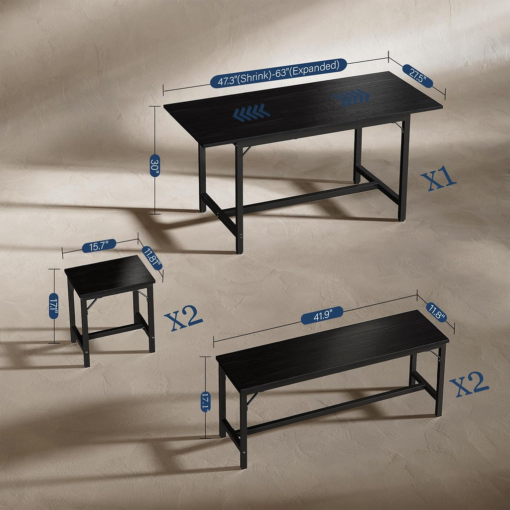 Tatub 5-Piece Dining Table Set for 4-8, 63' Extendable Dining Room Table with 2 Benches and 2 Square Stools, Space Saving Rectangle Kitchen Table Set for Breakfast Nook and Small Space, Black