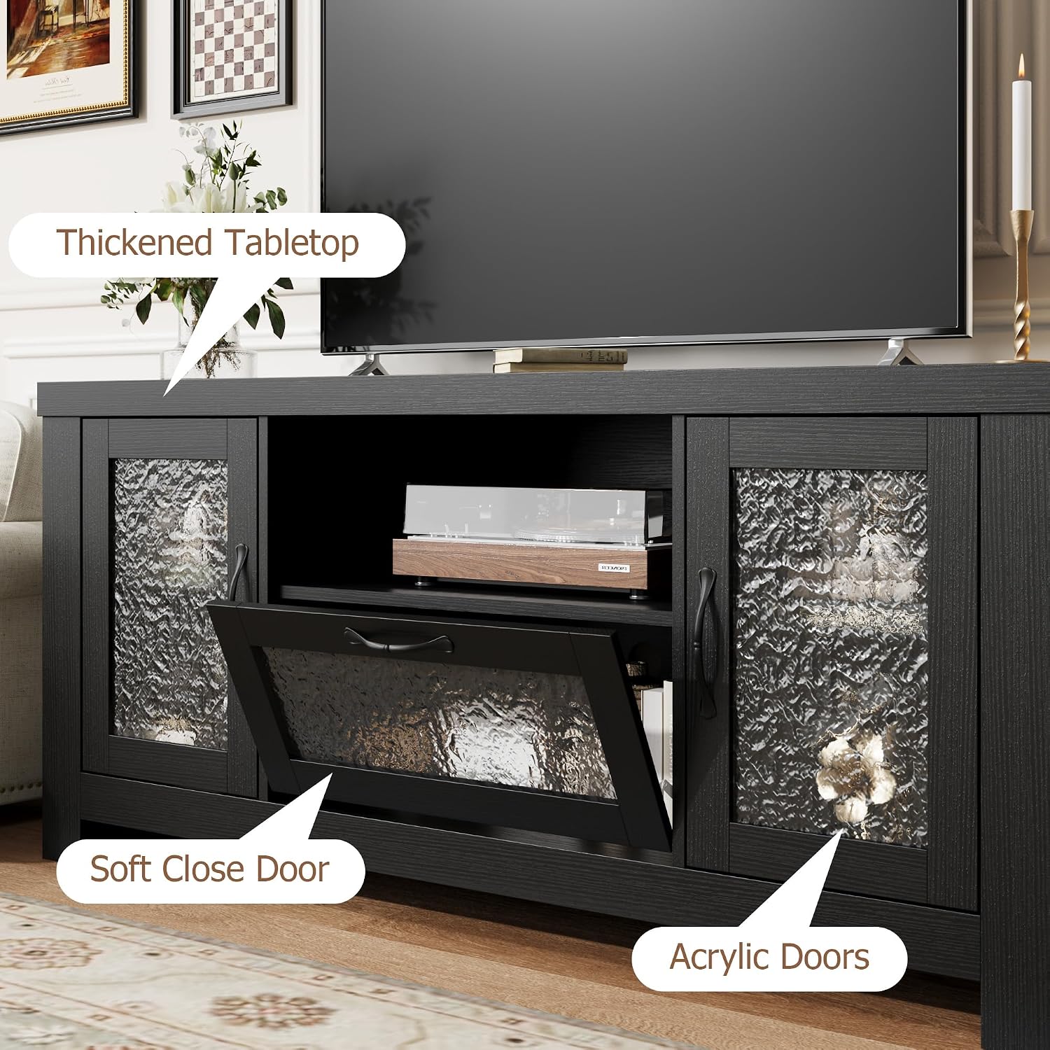 IDEALHOUSE TV Stand for 65 Inch TV, Farmhouse Entertainment Center with Acrylic Door Storage Cabinet & Adjustable Shelves, TV Console Table for Living Room Bedroom, Black