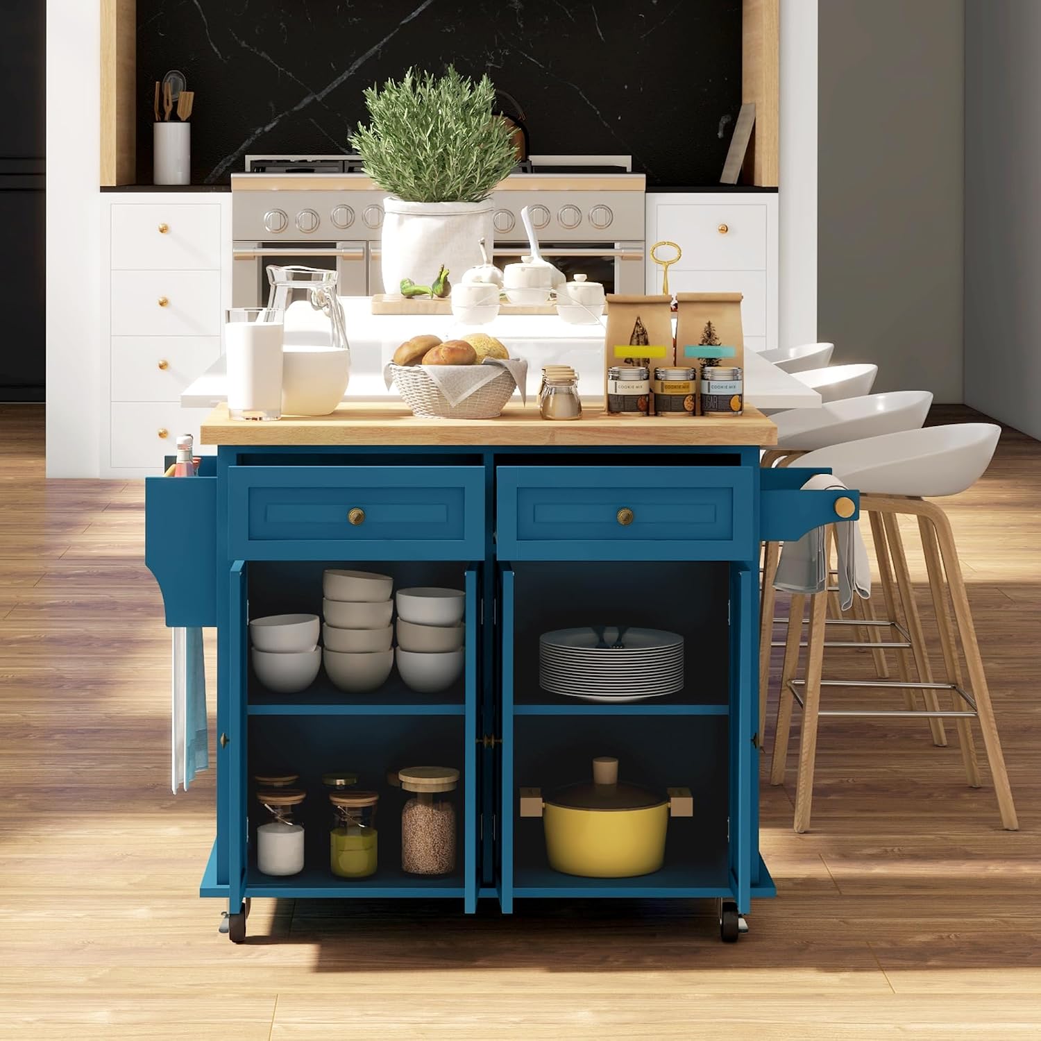 HOMCOM Kitchen Island Cart with Solid Wood Top, 44' Mobile Kitchen Island Table on Wheels with Storage Cabinets, 2 Drawers, Adjustable Shelves, Spice Rack & Towel Bar for Dining Room, Turquoise