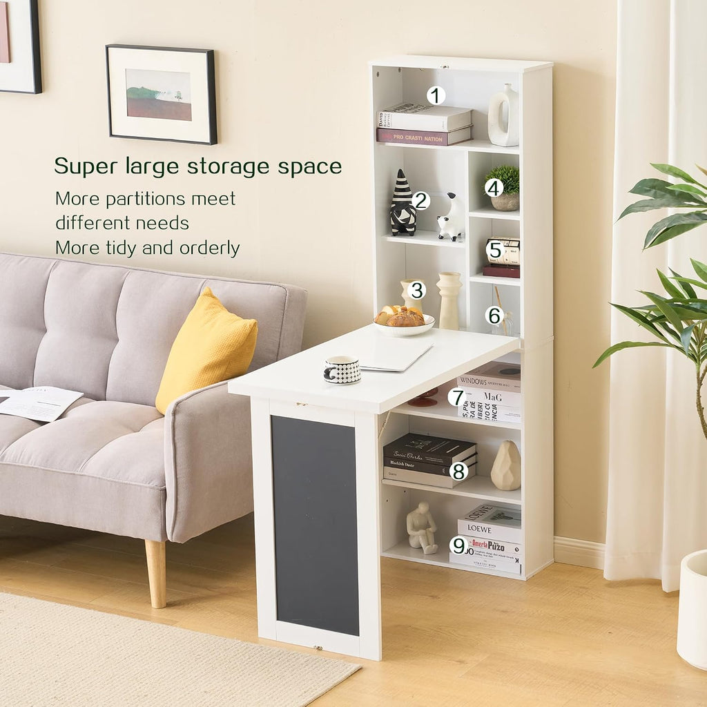 Folding Desk with Storage,Foldable Convertible Writing table with Blackboard and Shelves,Wall Mount Fold Out Table Cabinet , Space-Saving Murphy Desk Multi-Function Home Office Workstation (White)