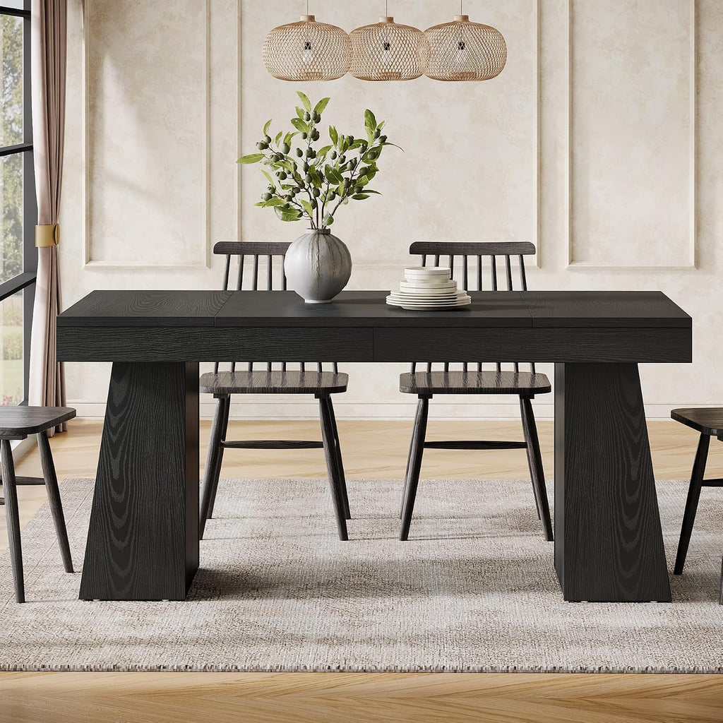Tribesigns Black Dining Room Table for 4-6, 55-Inch Mid-Century Modern Dining Table with Double Pedstral, Rectangular Wood Kitchen Dinner Table for Dining Room, Kitchen, Home
