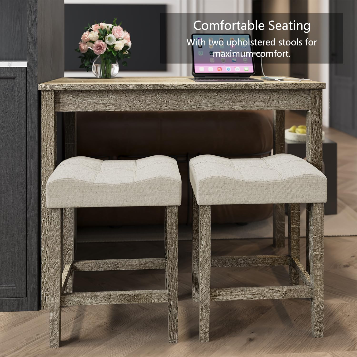 allamazing 3-Piece Counter Height Bar Table Set with Socket and 2 Fabric Padded Bar Stools, Tall Kitchen Breakfast Dining Table Set with Stools (1+2 Natural)