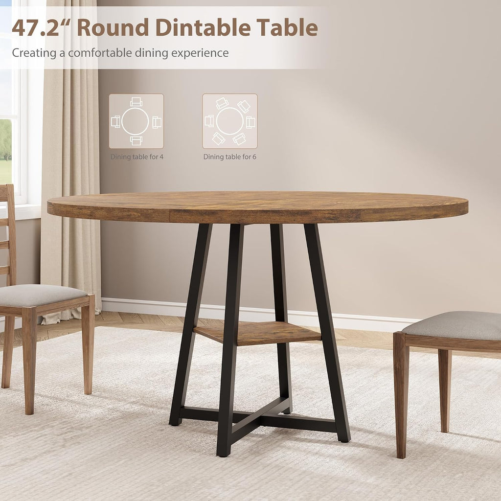 Garvee 47.2 in Round Dining Table for 4-6 People, Industrial Round Kitchen Table with Sturdy Metal Pedestal Base & Storage Shelf, Circle 4 Dinner Table for Dinner, Kitchen, Dining Room