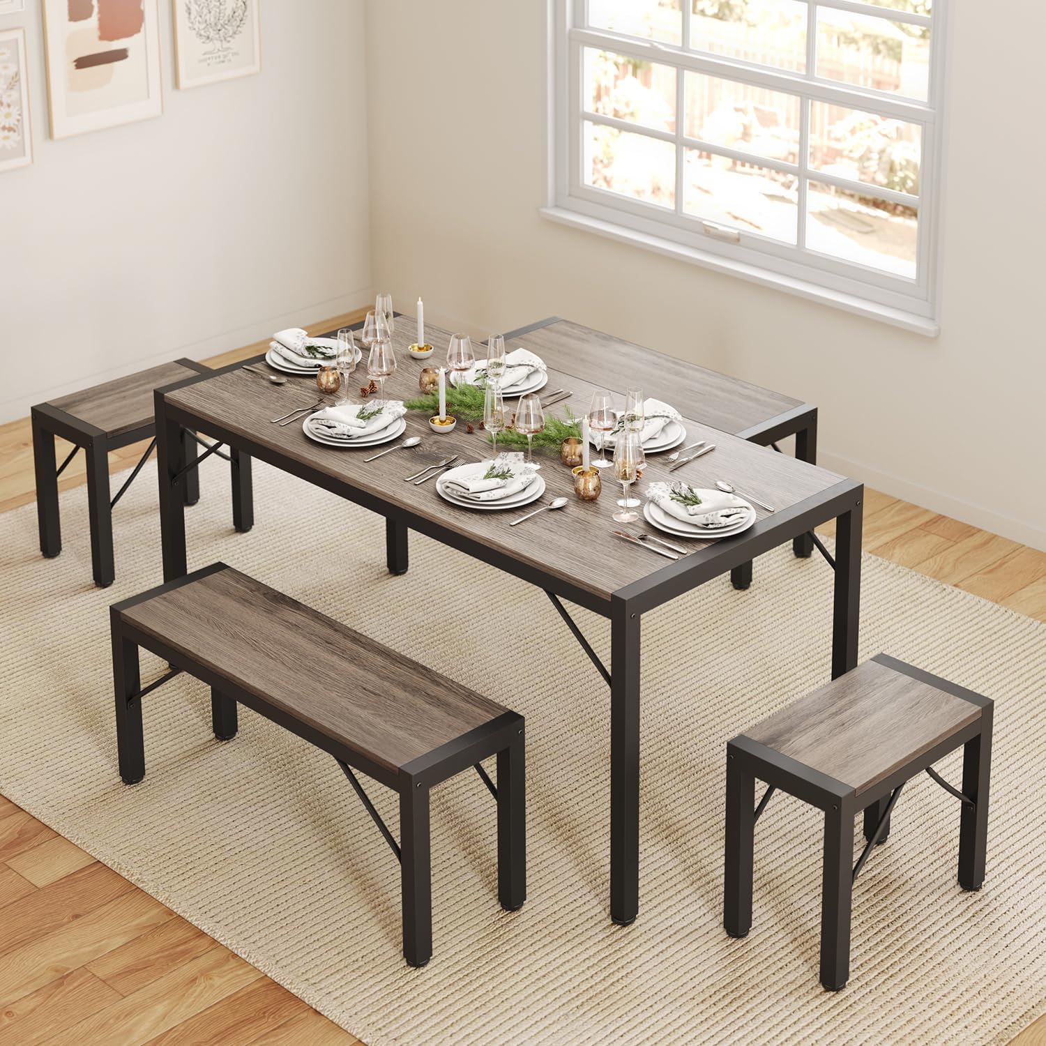 Gizoon 63' Dining Room Table Set for 6, Kitchen Table with 2 Benches and 2 Stools, Dining Table Set with Metal Frame, Space-Saving Kitchen Table Set for Apartment, Grey