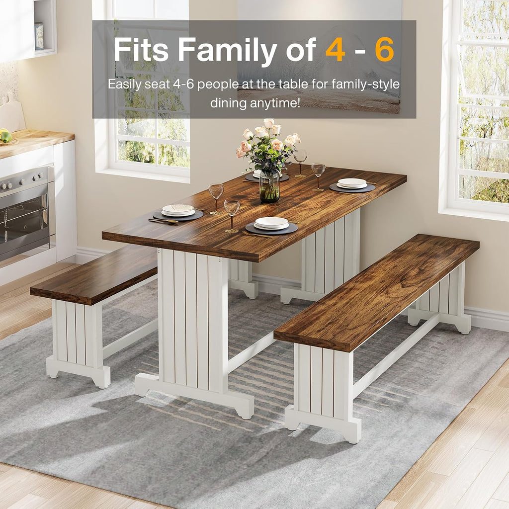 Tribesigns 47-Inch Small Dining Table Set for 2, 3-Piece Kitchen Table with 2 Benches, Farmhouse Wood Dinner Furniture for Narrow Space, Apartment, White & Rustic Brown