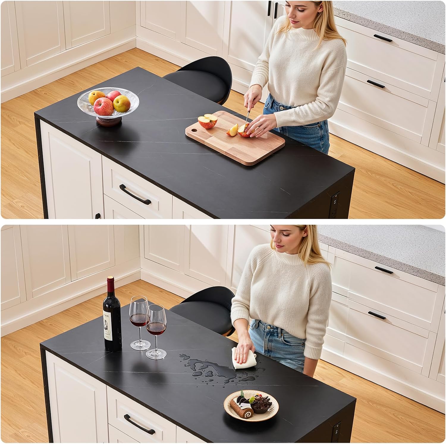 ONBRILL 47.3' Kitchen Island with 2 Storage Cabinets & 4 Drawers, Modern Imitation Marble Dining Table with Power Outlet, Island Bar Table for Kitchen, Dining Room, Living Room, Black