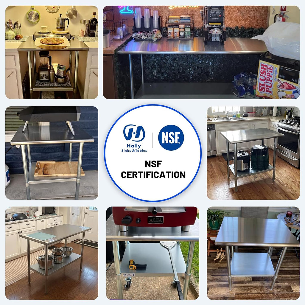 Hally Stainless Steel Table for Prep & Work 24 x 48 Inches, NSF Commercial Heavy Duty Table with Undershelf and Galvanized Legs for Restaurant, Home and Hotel