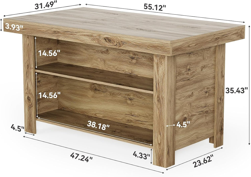LITTLE TREE 55 Inches Kitchen Island with Storage, 3-Tier Farmhouse Wooden Stationary Island Table with Large Worktop & Leg Room, Modern Coffee Bar Table with Storage Shelf for Kitchen, Oak