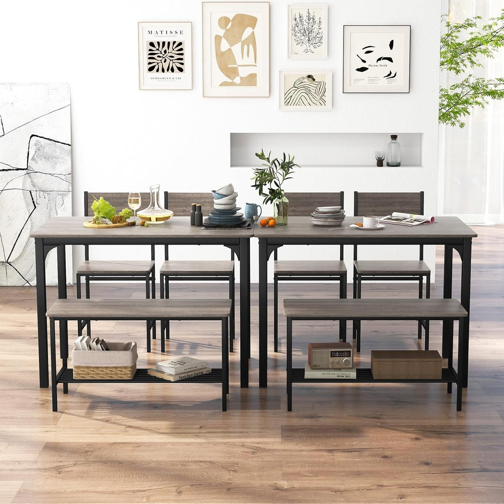 Giantex Dining Table Set for 4, Kitchen Table with Bench and Chairs, Industrial Gathering Bench Dining Set W/Metal Frame & Storage Rack, Dinette Set, Modern Functional Desk Set (Grey)