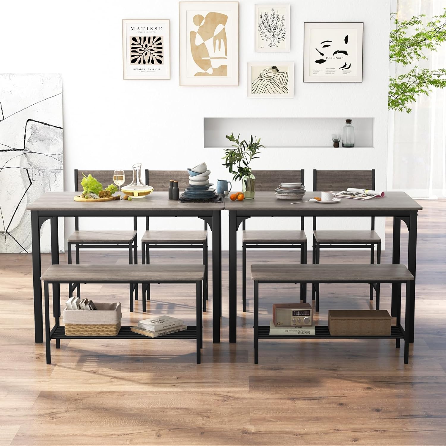 Giantex Dining Table Set for 4, Kitchen Table with Bench and Chairs, Industrial Gathering Bench Dining Set W/Metal Frame & Storage Rack, Dinette Set, Modern Functional Desk Set (Grey)