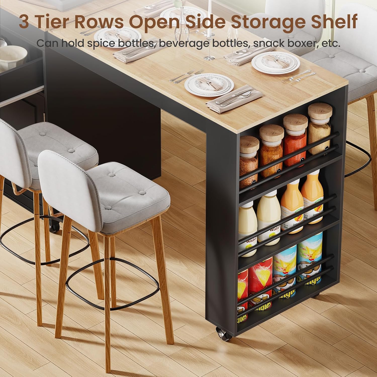 83' Expandable Kitchen Island on Wheels with Storage & Dining Table, Mobile Kitchen Cart with Cabinet, 3 Shelves & Drawers, Black (Extends from 48.4' to 82.6') (Black)