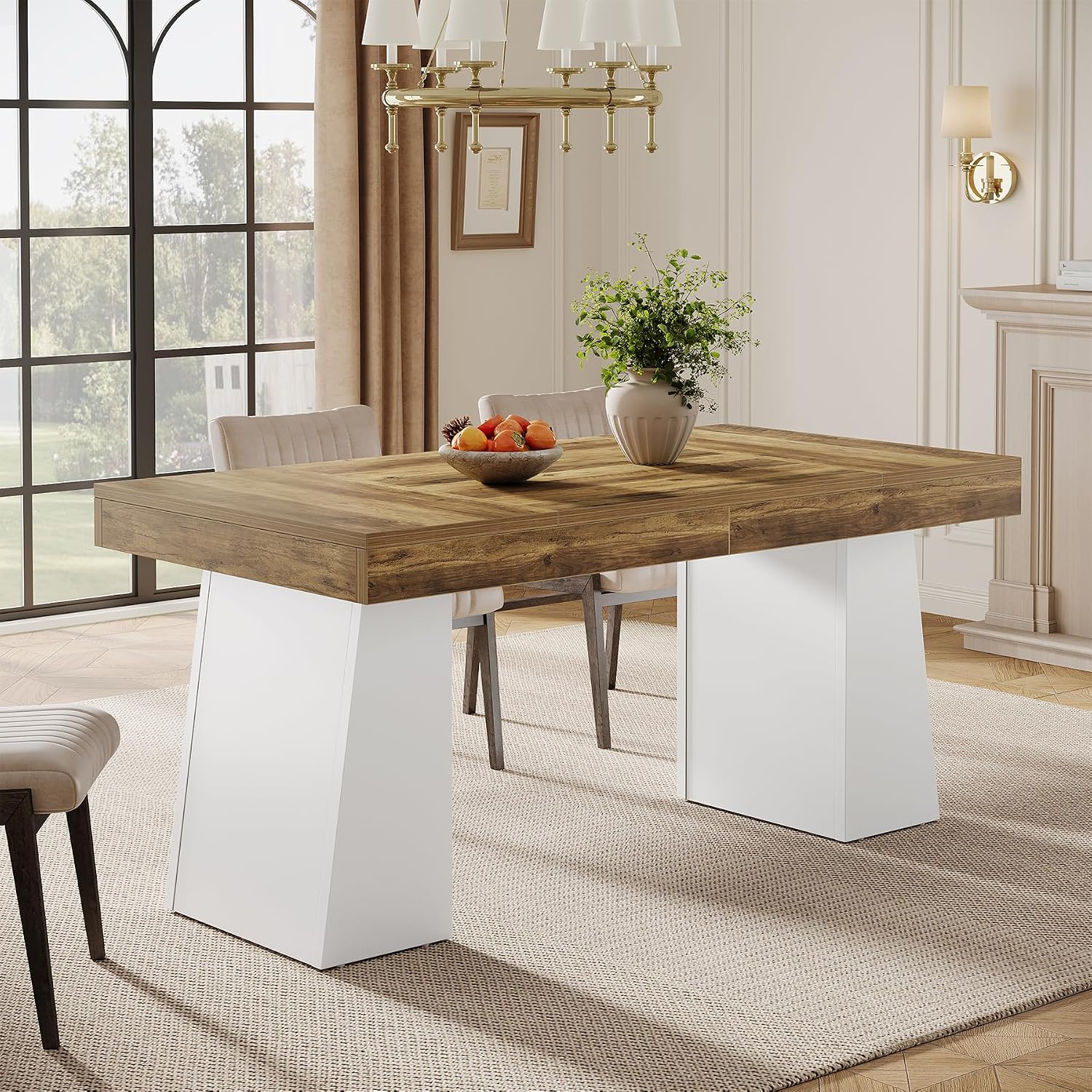 Tribesigns 55-Inch Dining Room Table for 4, Mid-Century Modern Dining Table with Double Pedstral, Rectangular Wood Kitchen Dinner Tables for Dining Room, Kitchen, Home, White & Brown(Only Table)
